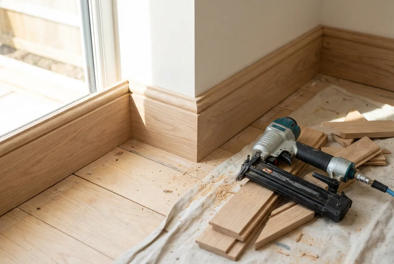 Pose des plinthes en chêne le long d'un parquet neuf